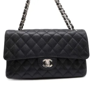 CHANEL Matelasse W Flap ChainShoulder Bag Black A01112 Caviar Leather Size 25