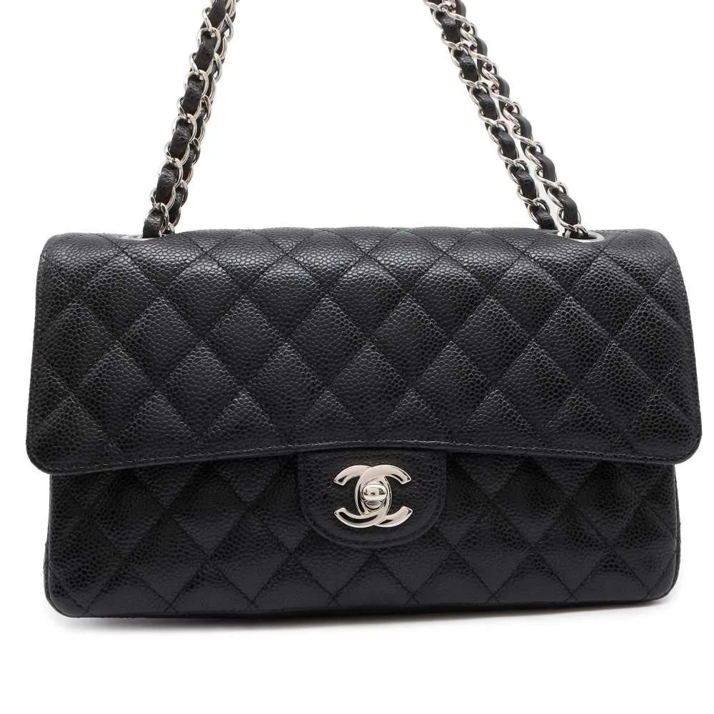CHANEL Matelasse W Flap ChainShoulder Bag Black A01112 Caviar Leather Size 25