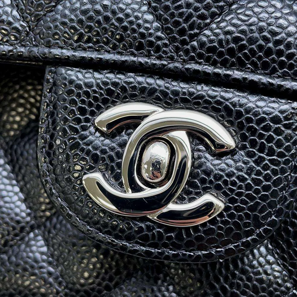CHANEL Matelasse W Flap ChainShoulder Bag Black A01112 Caviar Leather Size 25