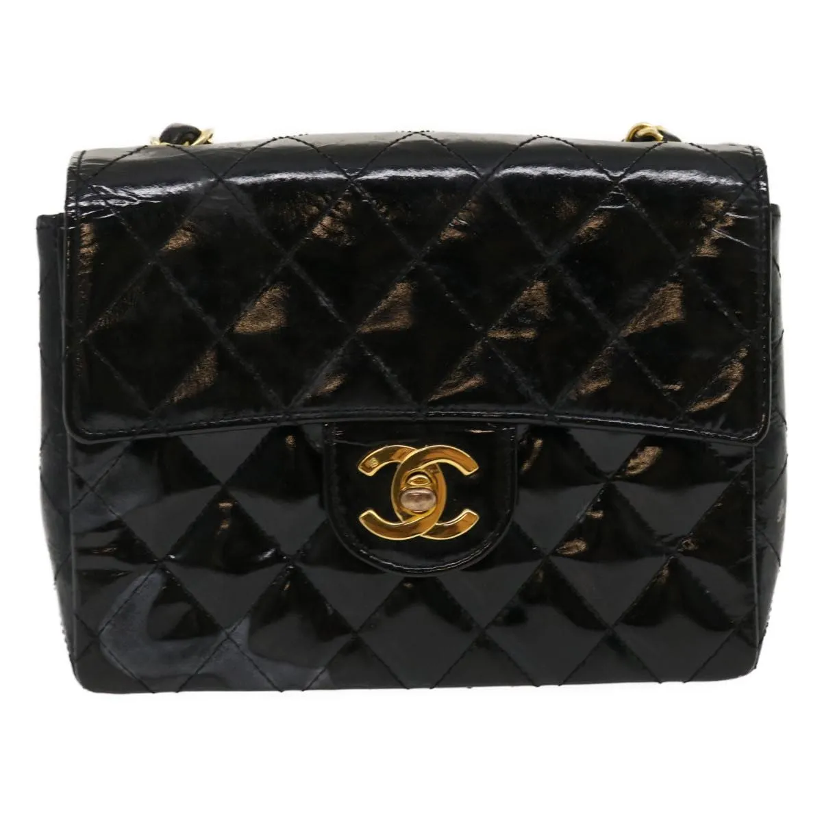 CHANEL Mini Matelasse Chain Flap Shoulder Bag Enamel Black Gold CC Auth ar6839A