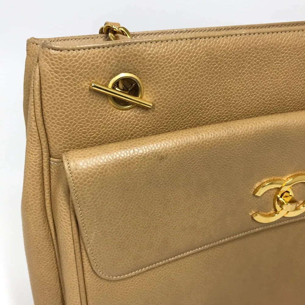 CHANEL Shoulder Bag Caviar skin beige CC COCO Mark Chain Tote Bag Women Used