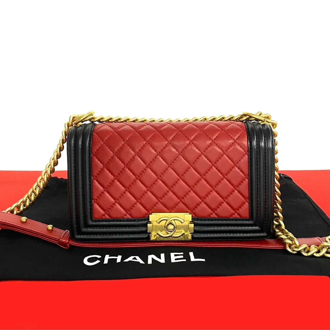 CHANEL Shoulder Bag lambskin Red Matrasse Boy chanel
