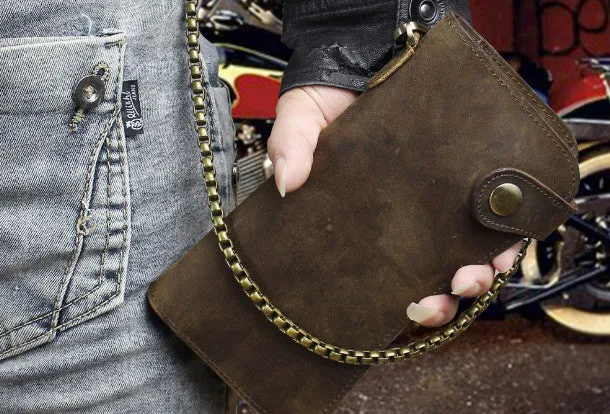 Cool leather biker wallet trucker wallet leather chain wallet mens Brown long wallet with chain