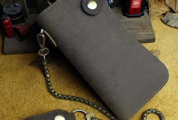 Cool leather biker wallet trucker wallet leather chain wallet mens Brown long wallet with chain