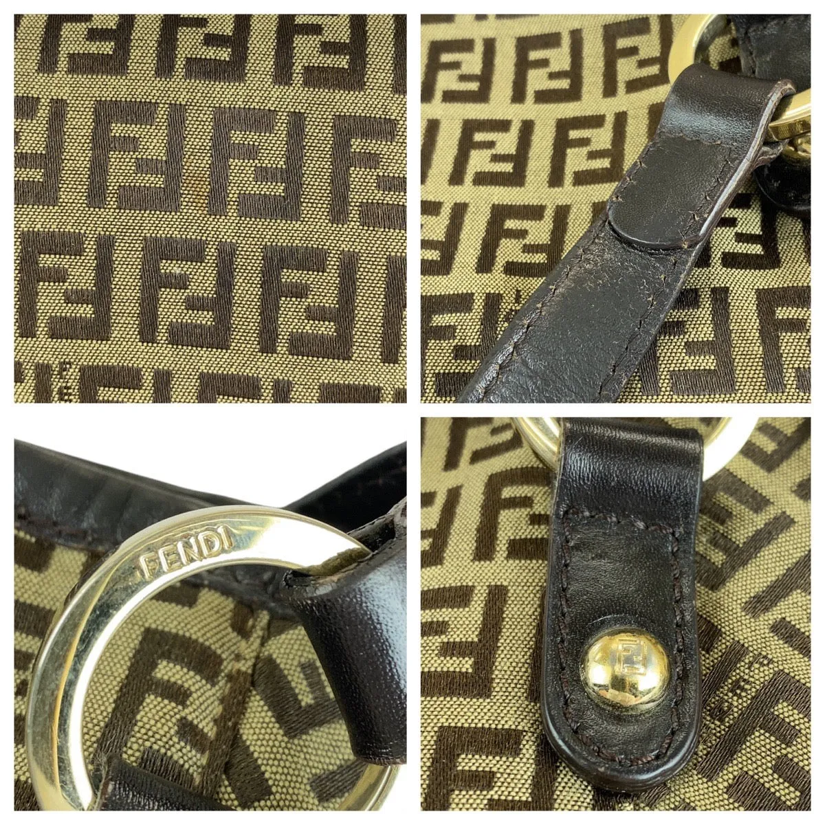 FENDI Tote Bag Canvas, Leather Brown Gold Metal Tote Bag Shoulder Bag Zucchino Women Used