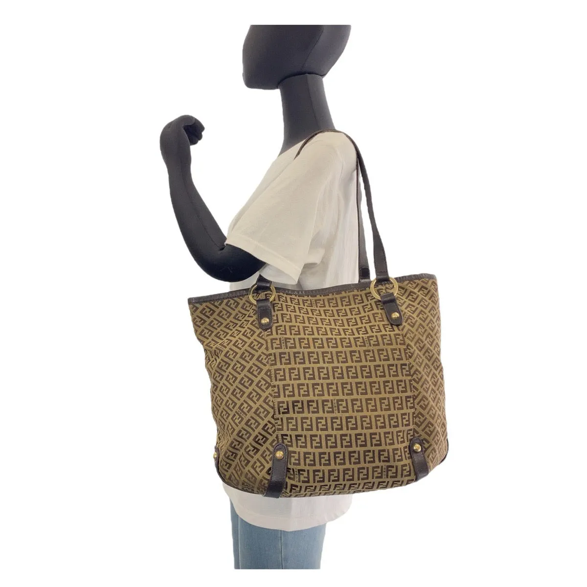 FENDI Tote Bag Canvas, Leather Brown Gold Metal Tote Bag Shoulder Bag Zucchino Women Used