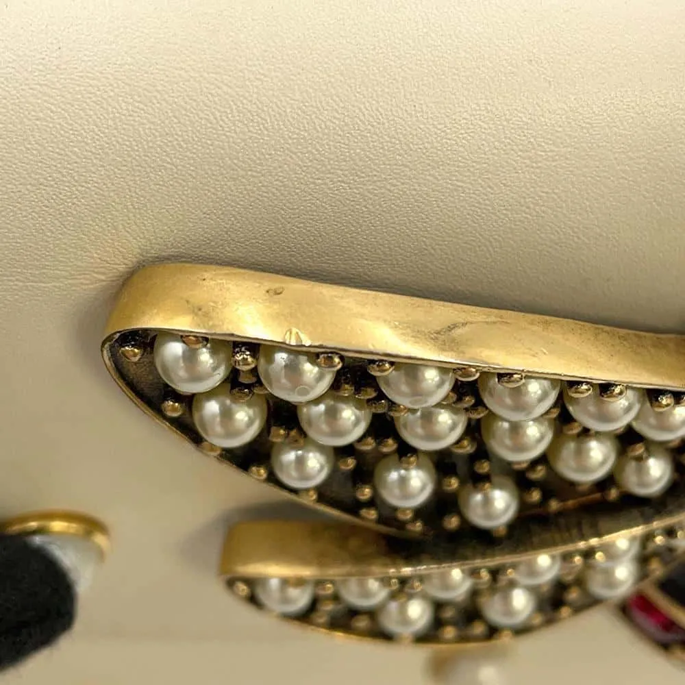 GUCCI Broadway ChainShoulder Bag White 453778 Leather Faux Pearl  Rhinestone