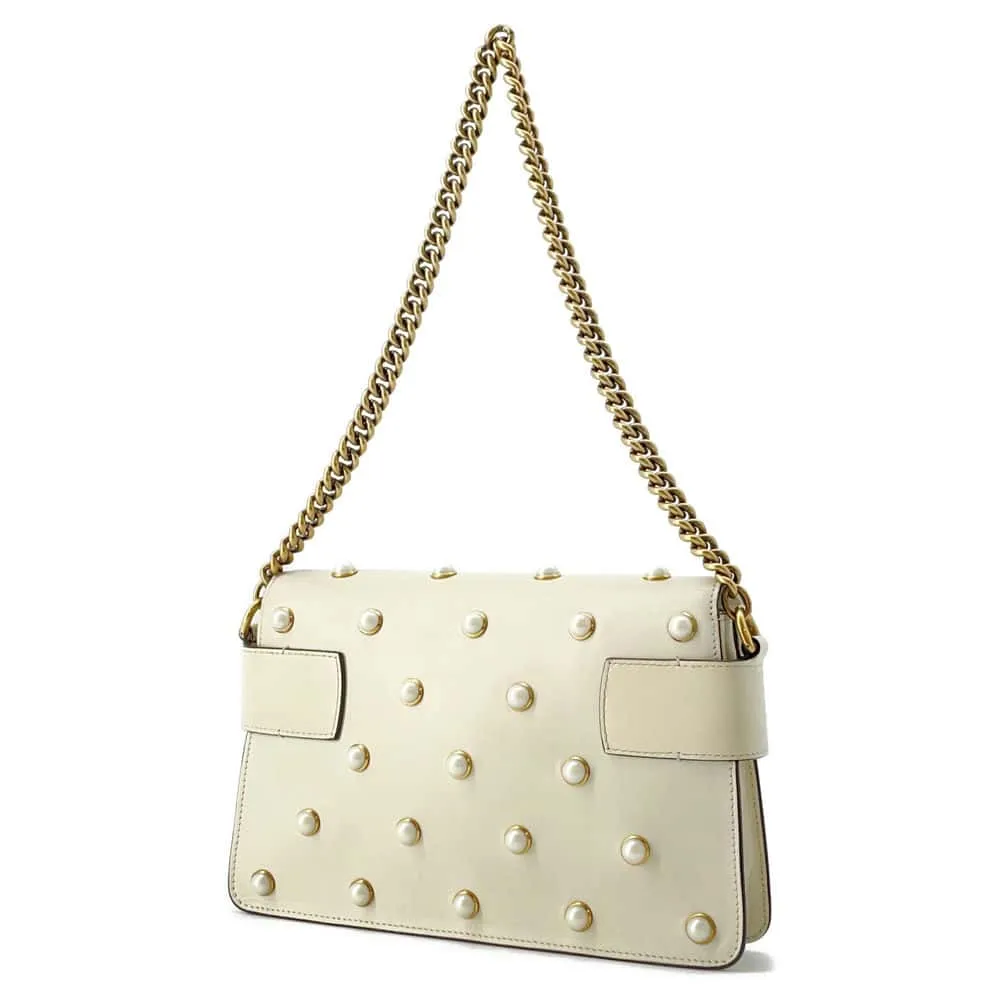 GUCCI Broadway ChainShoulder Bag White 453778 Leather Faux Pearl  Rhinestone