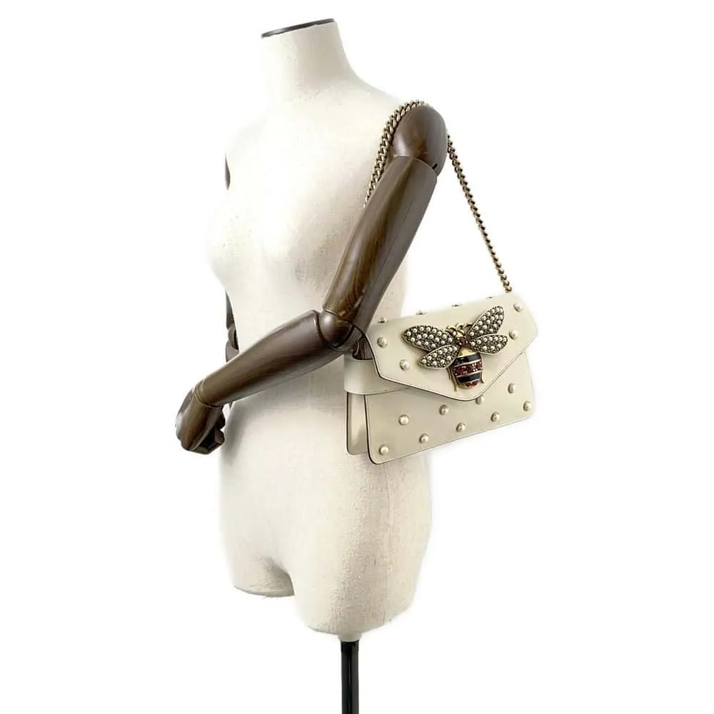 GUCCI Broadway ChainShoulder Bag White 453778 Leather Faux Pearl  Rhinestone