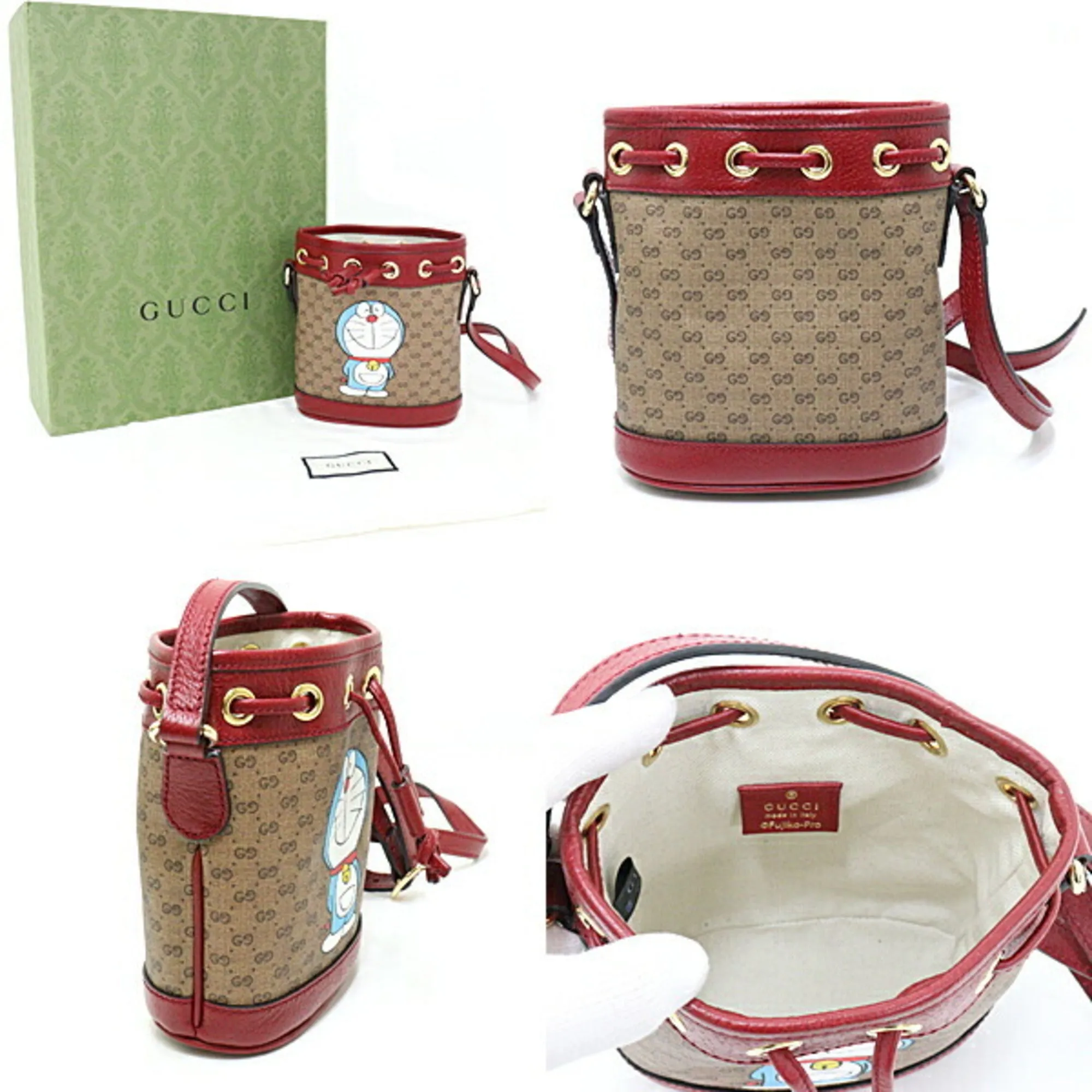 Gucci ?? DORAEMON Doraemon Mini GG Supreme Bucket Bag Women's Shoulder 647801 Beige Red