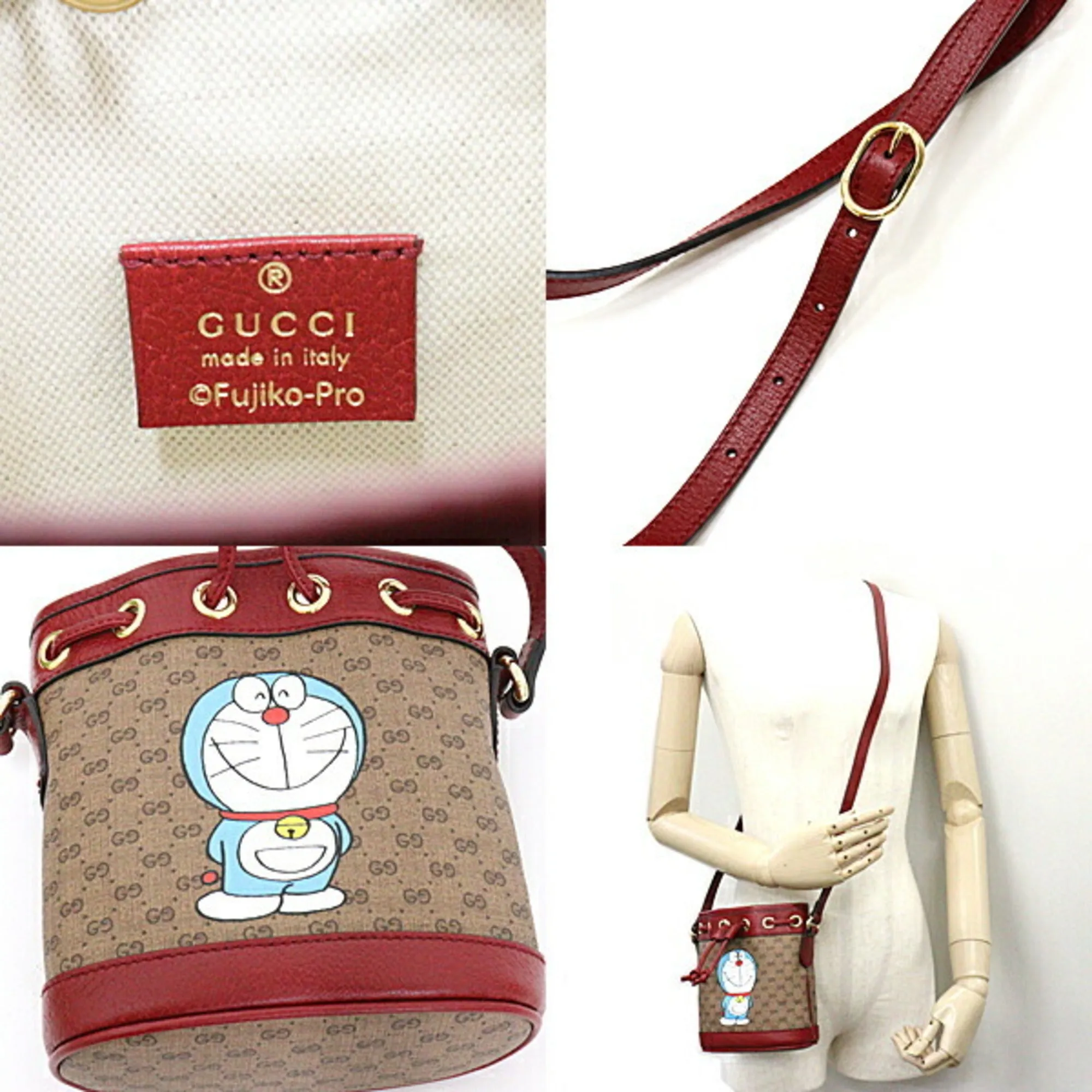 Gucci ?? DORAEMON Doraemon Mini GG Supreme Bucket Bag Women's Shoulder 647801 Beige Red