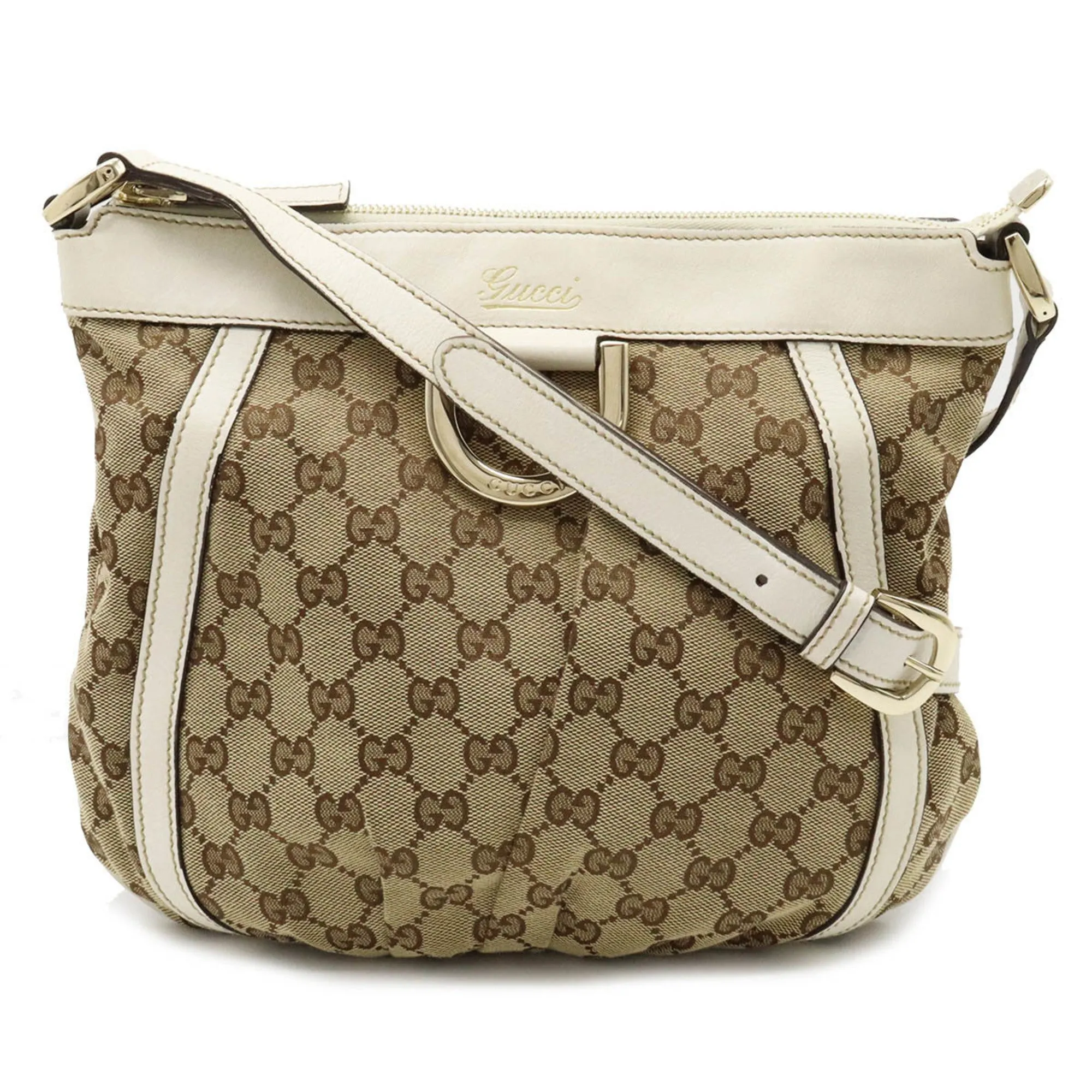 GUCCI GG Canvas Abbey Shoulder Bag Leather Khaki Beige Off-White White 203257