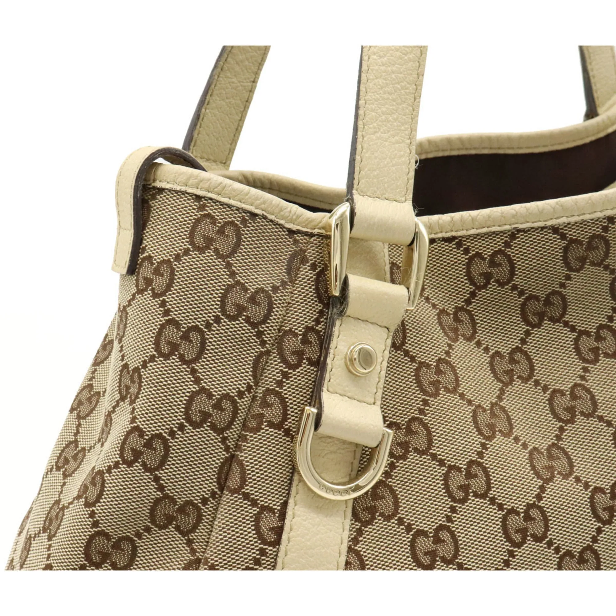 Gucci GG Canvas Tote Bag Shoulder Leather Khaki Beige Light 130736
