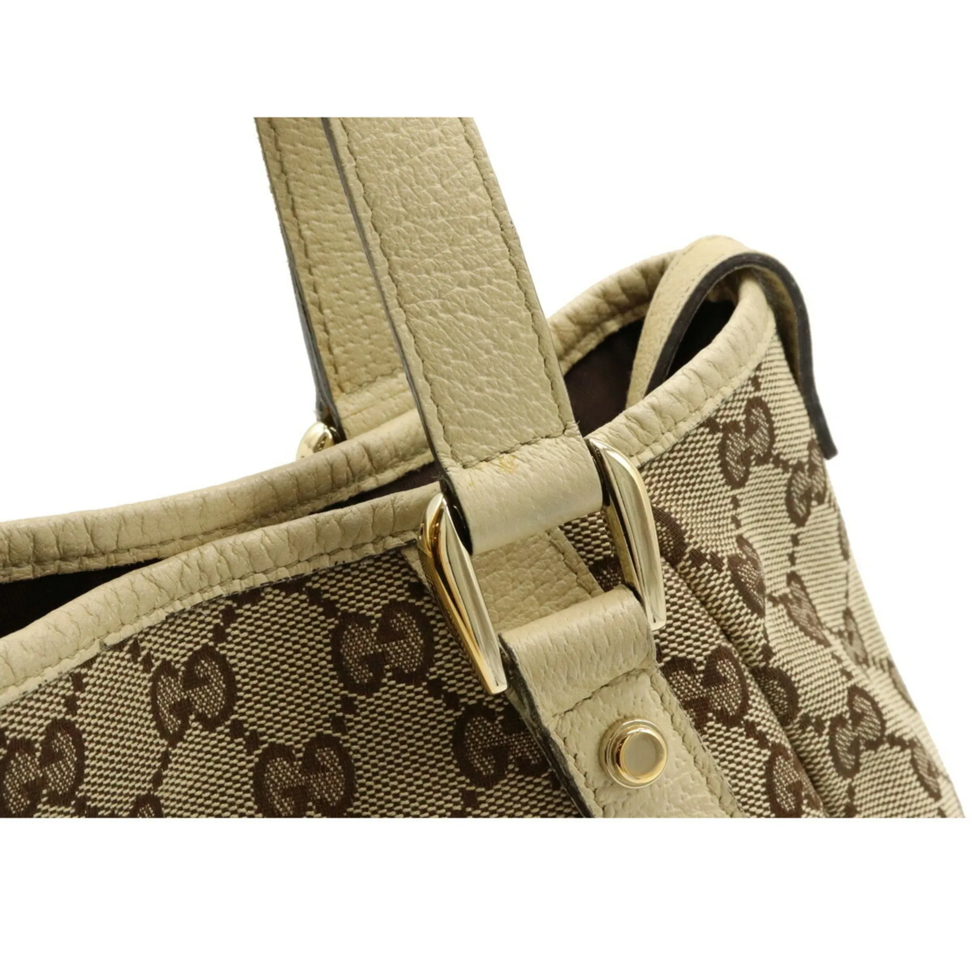 Gucci GG Canvas Tote Bag Shoulder Leather Khaki Beige Light 130736