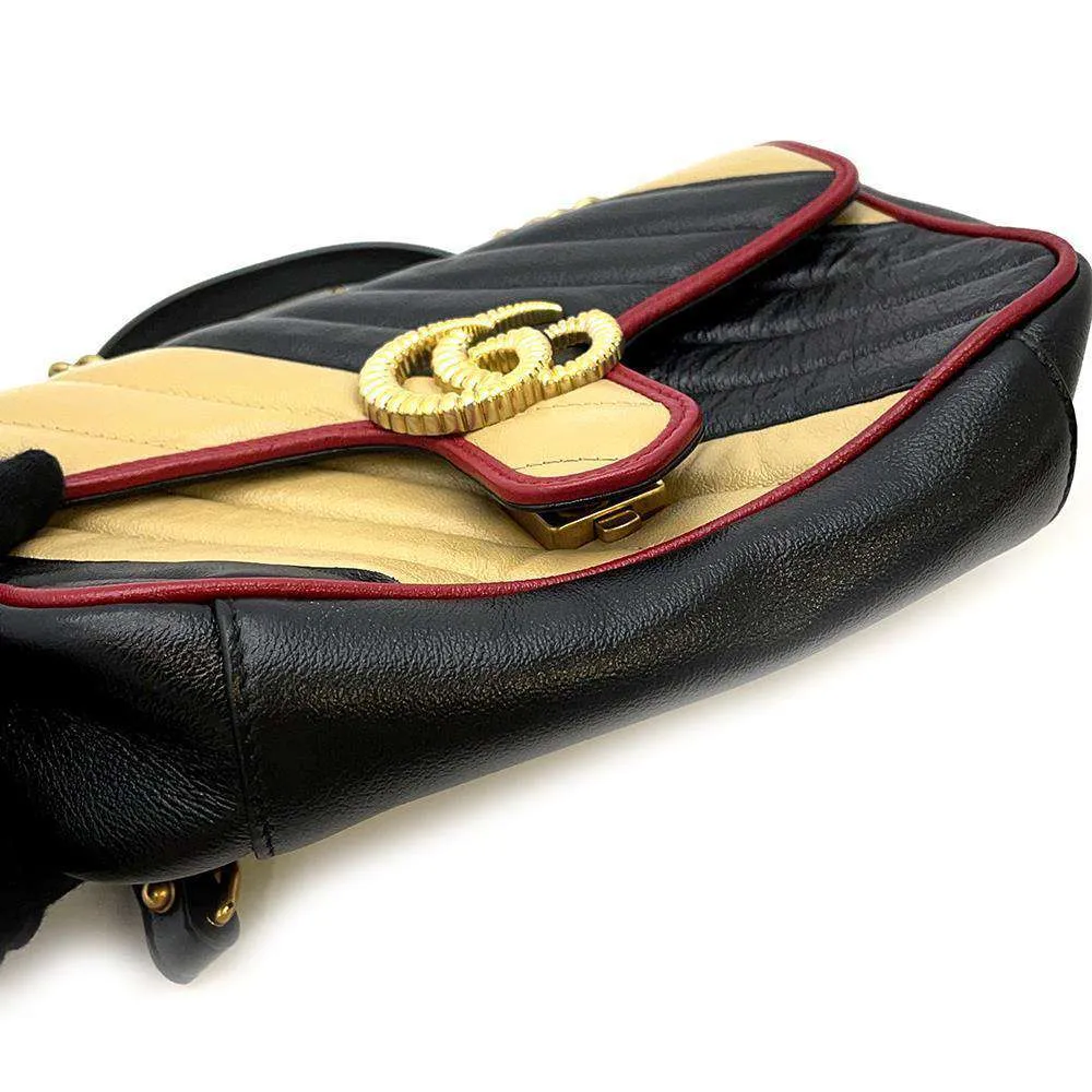 GUCCI GG Marmont ChainShoulder Bag Black/Beige 446744 Leather