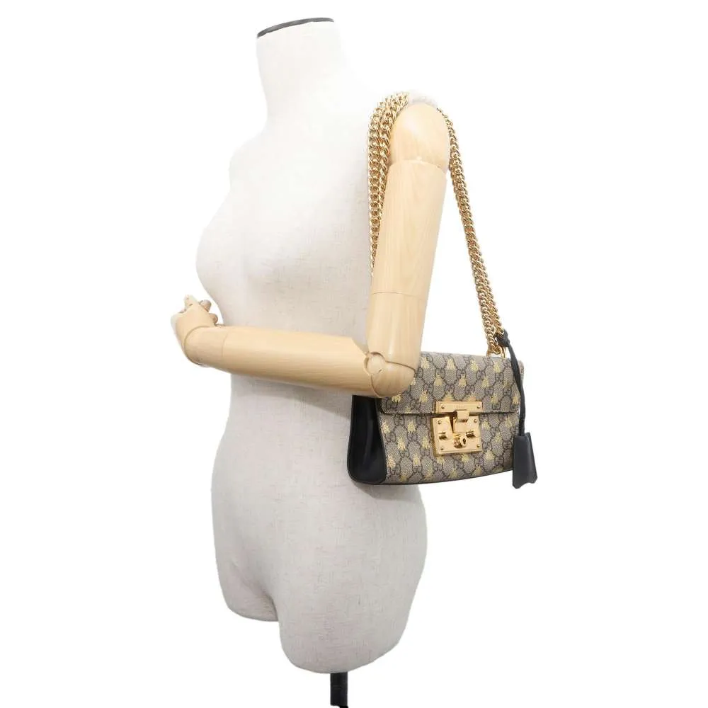 GUCCI GG Supreme Padlock ChainShoulder Bag Beige 409487 PVCLeather Size Small