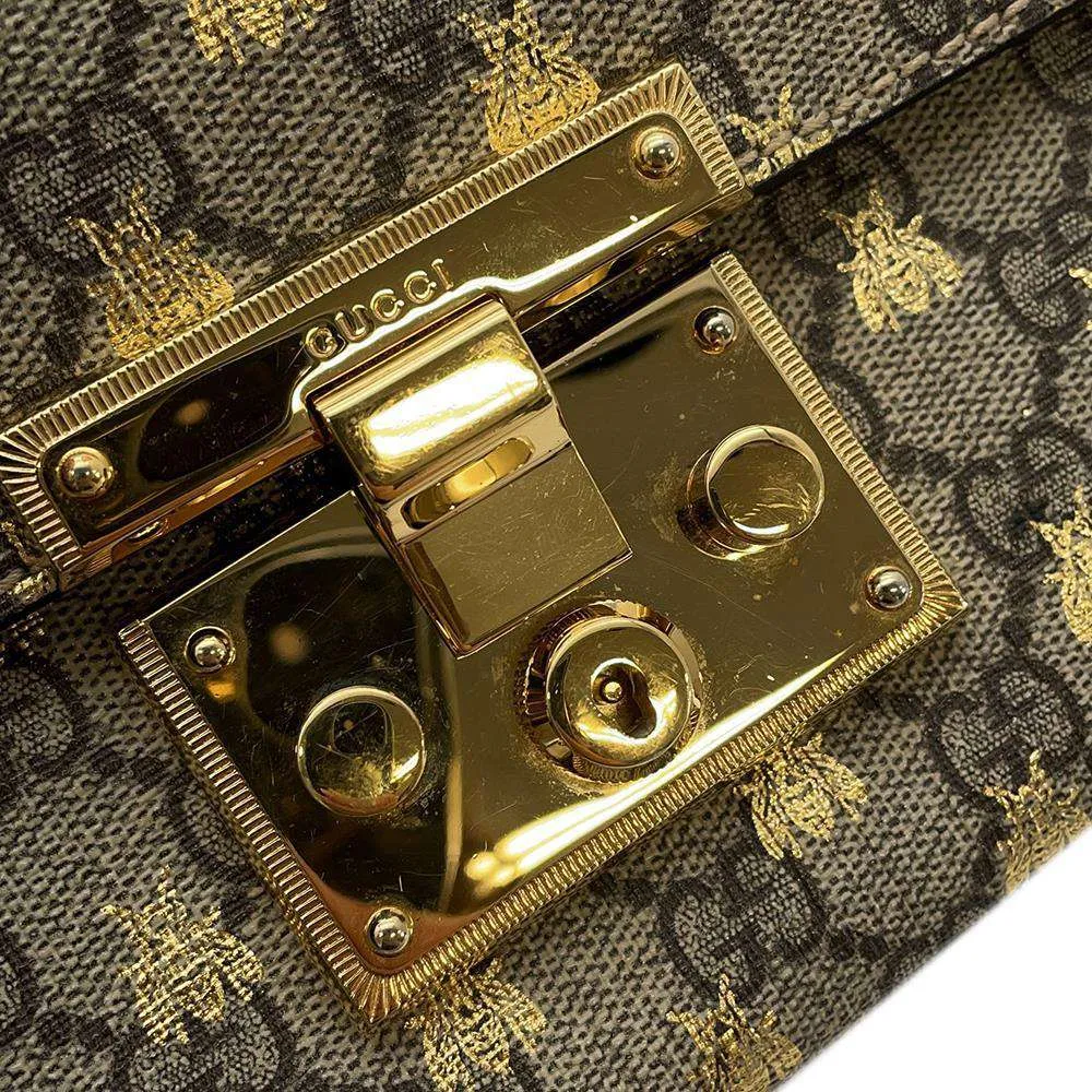 GUCCI GG Supreme Padlock ChainShoulder Bag Beige 409487 PVCLeather Size Small