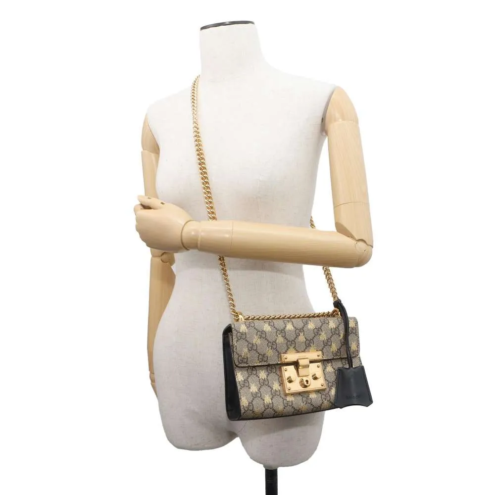 GUCCI GG Supreme Padlock ChainShoulder Bag Beige 409487 PVCLeather Size Small