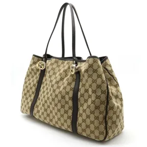 GUCCI GG Twins Canvas Tote Bag Shoulder Leather Khaki Beige Dark Brown 232956