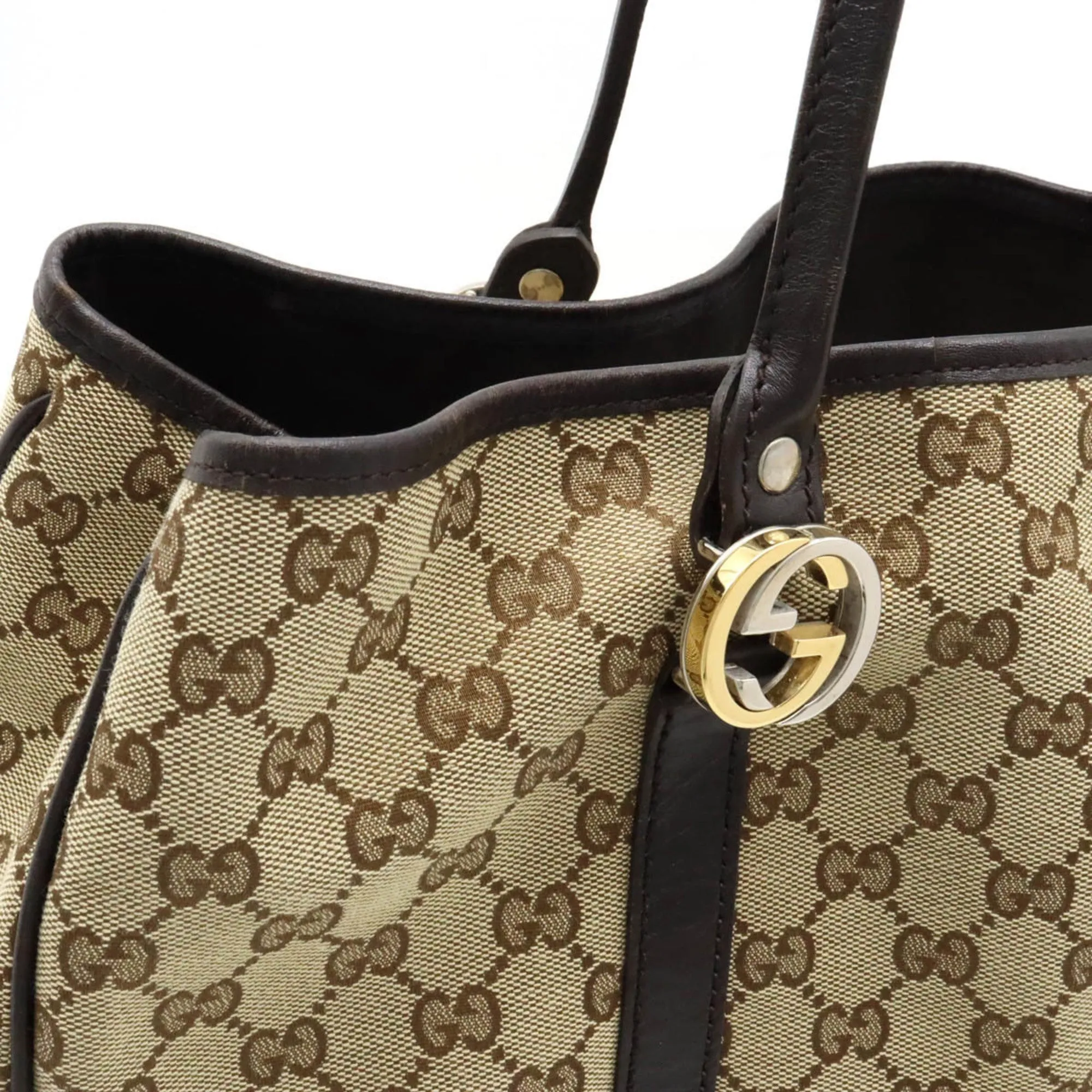 GUCCI GG Twins Canvas Tote Bag Shoulder Leather Khaki Beige Dark Brown 232956
