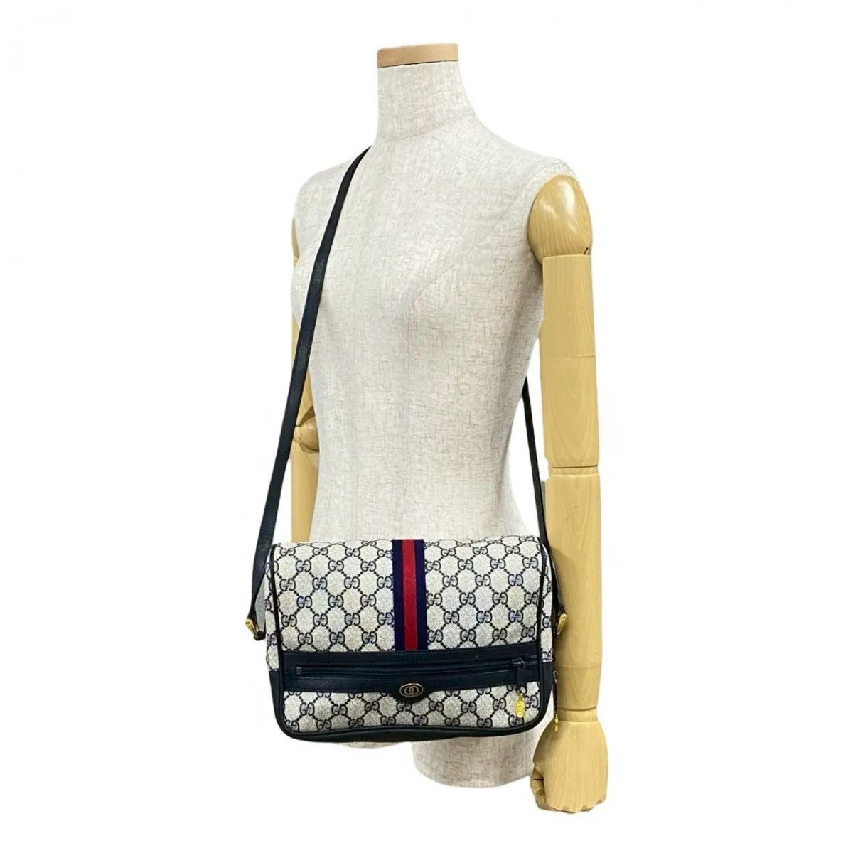 GUCCI Shoulder Bag leather Navy Sherry line