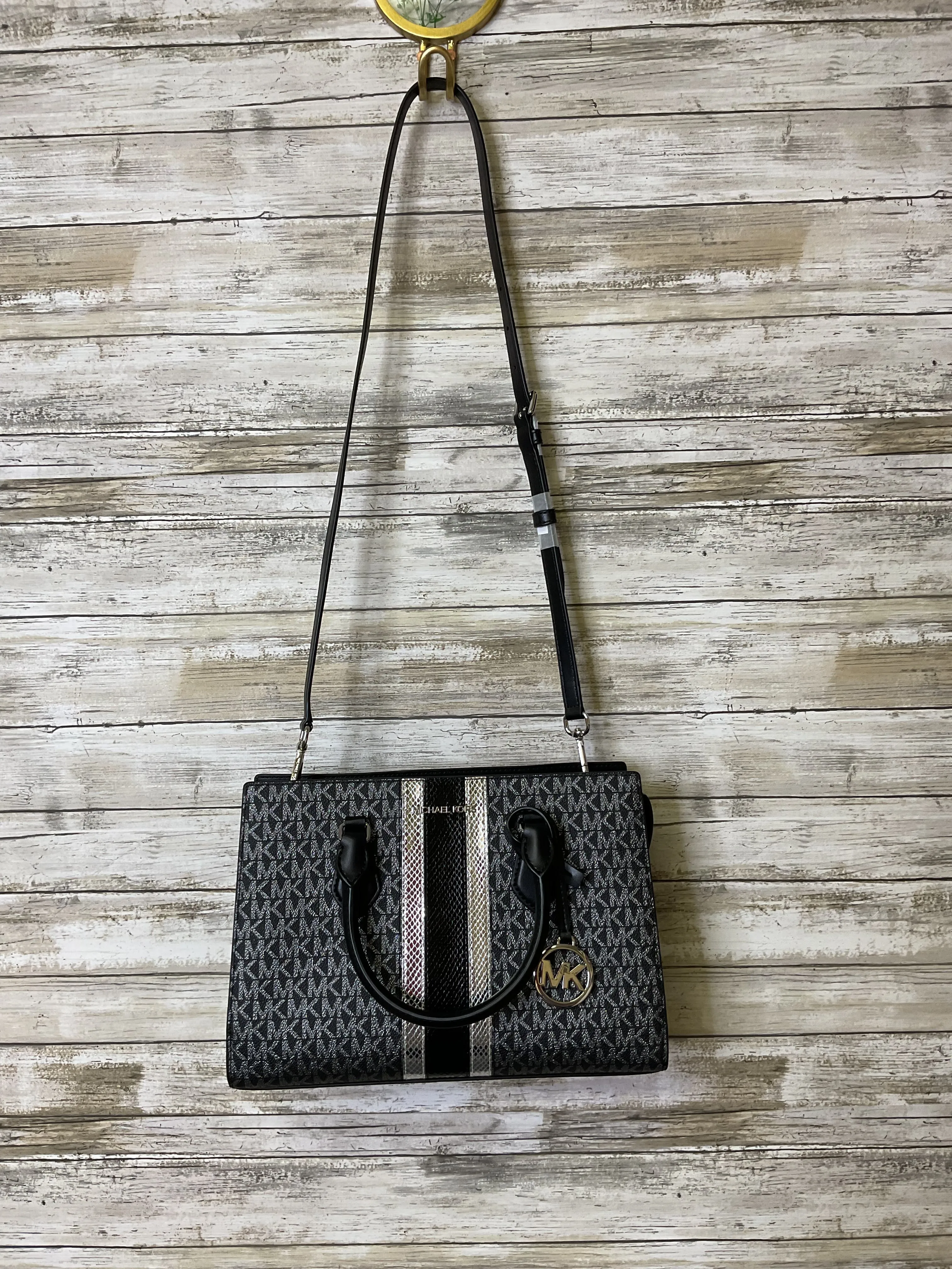 Handbag Designer By Michael Kors In Black & Silver, Size:Medium