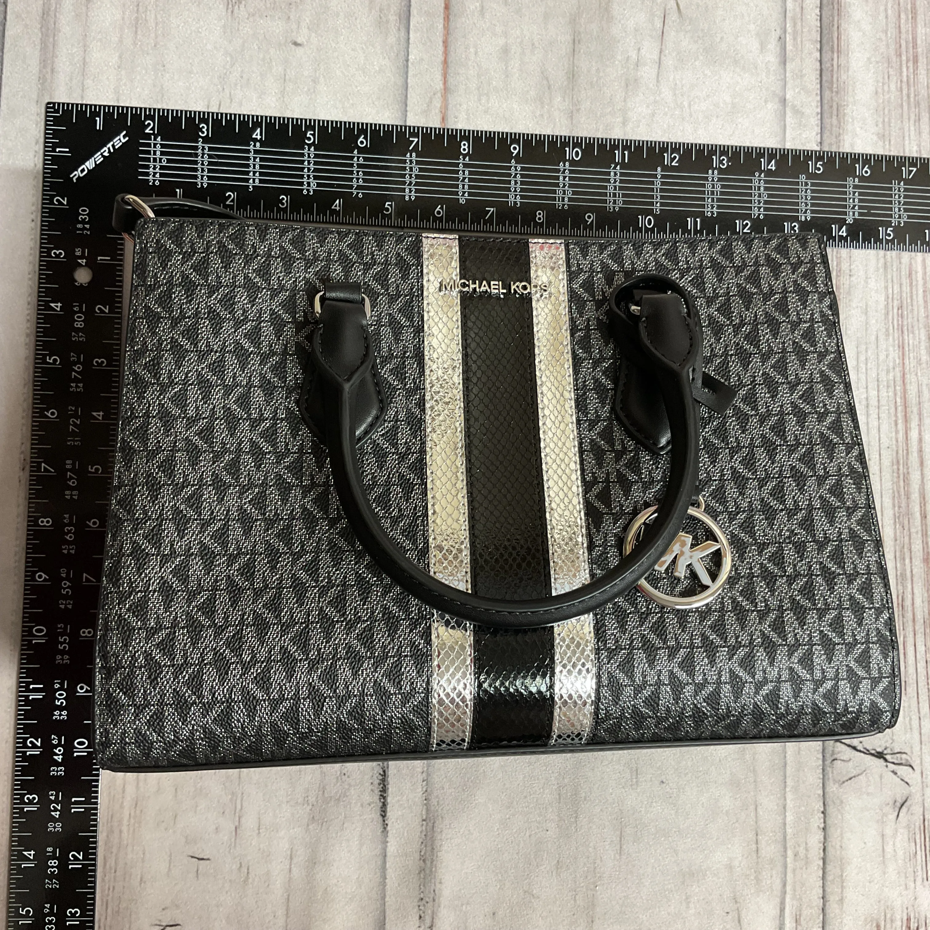 Handbag Designer By Michael Kors In Black & Silver, Size:Medium