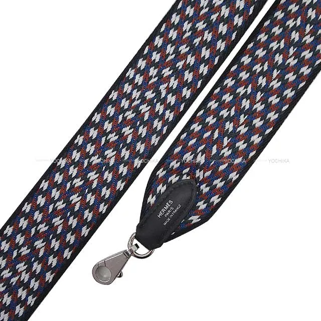 HERMES shoulder strap Bandouliere 50mm 105cm Sangles Zigzag Noir (Black)/Blanc (White)/Deep Blue Toile/Veau Swift Silver HW Stamp