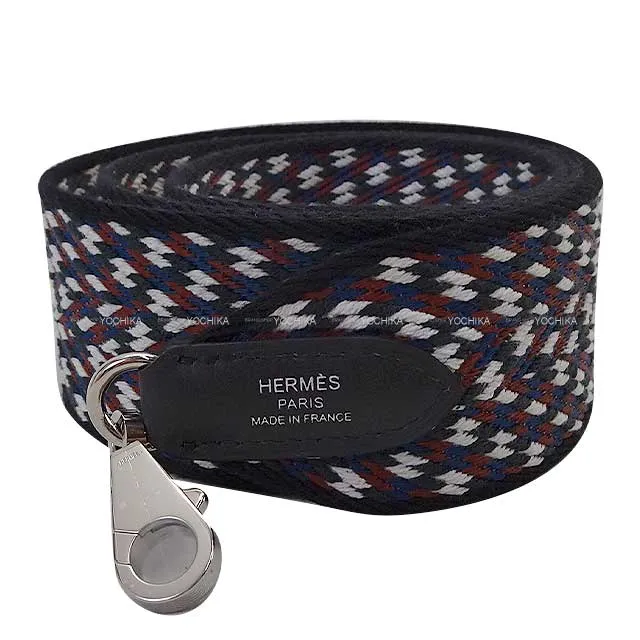 HERMES shoulder strap Bandouliere 50mm 105cm Sangles Zigzag Noir (Black)/Blanc (White)/Deep Blue Toile/Veau Swift Silver HW Stamp