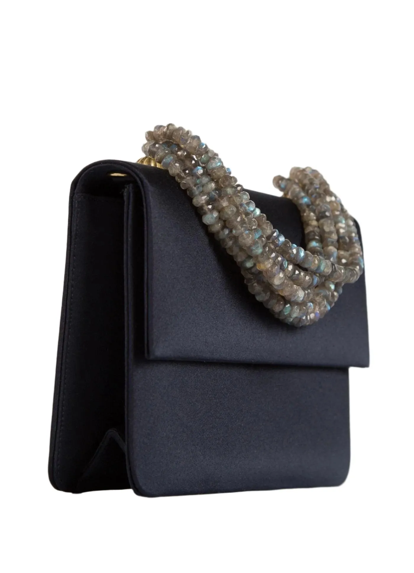 Necklace Handbag, Mini - Navy Silk, Labradorite Handle