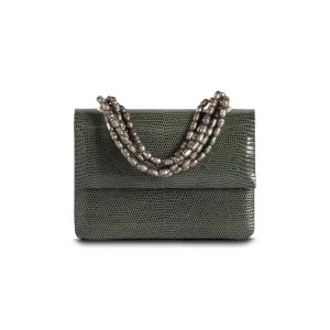 Necklace Handbag, Mini - Slate Grey Lizard, Mother of Pearl Handle