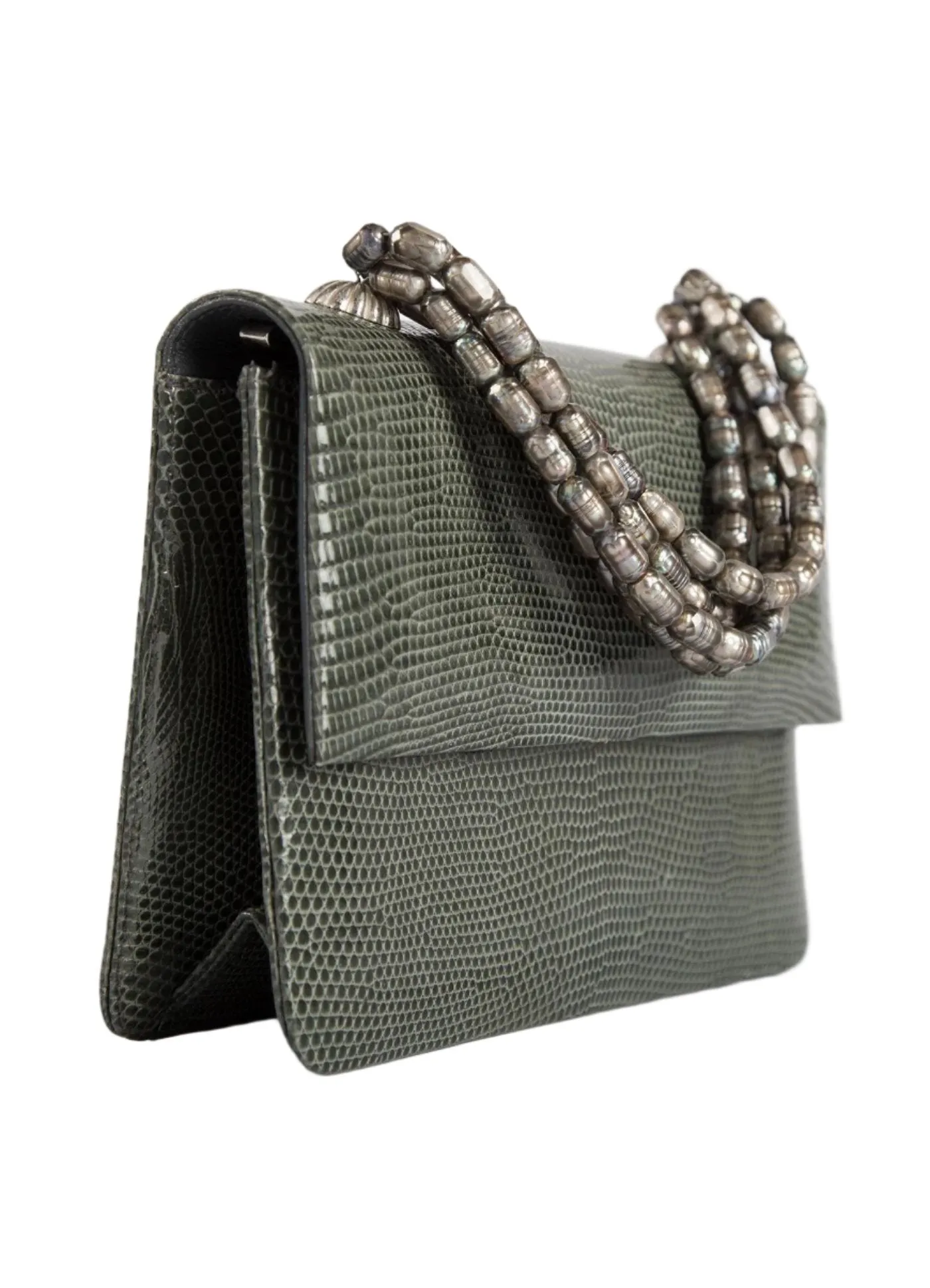 Necklace Handbag, Mini - Slate Grey Lizard, Mother of Pearl Handle