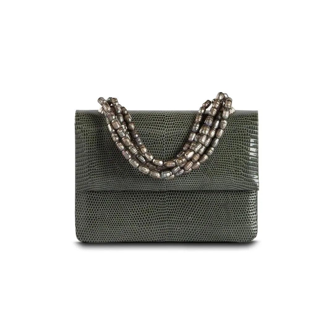 Necklace Handbag, Mini - Slate Grey Lizard, Mother of Pearl Handle