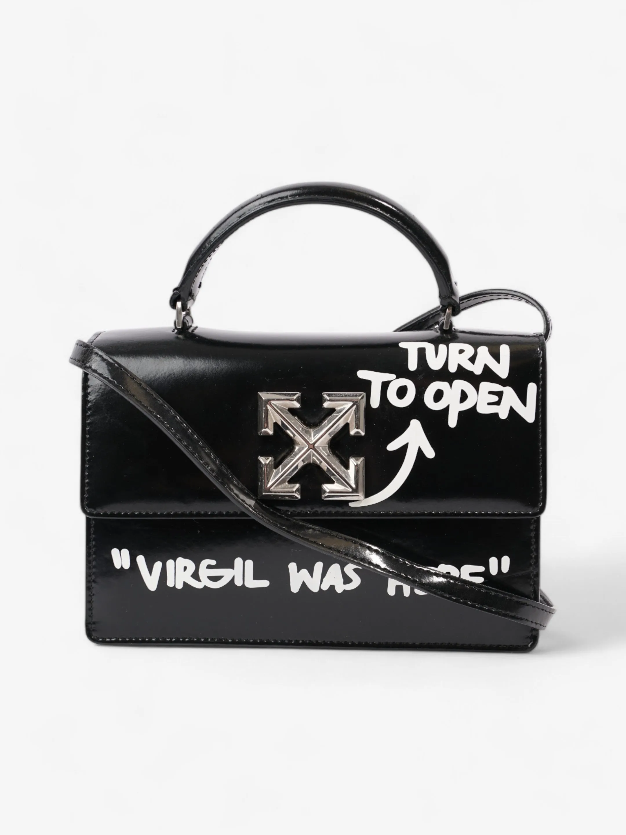 Off White Jitney 1.4 Leather Shoulder Bag - "Virgil Was Here" Black / White Leather