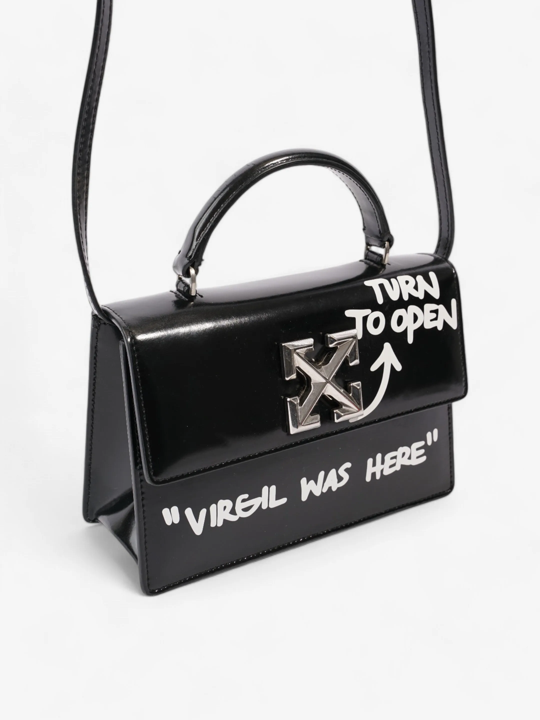 Off White Jitney 1.4 Leather Shoulder Bag - "Virgil Was Here" Black / White Leather