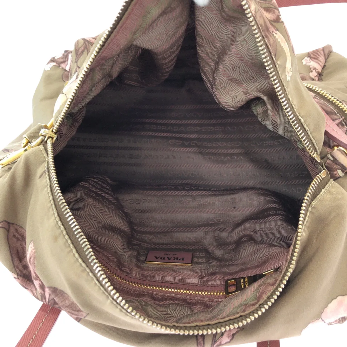 PRADA Shoulder Bag Nylon Beige Pink Gold Metal Handbag Shoulder Bag Mini Boston Duffel bag Test Floral triangleWith logo Women Used