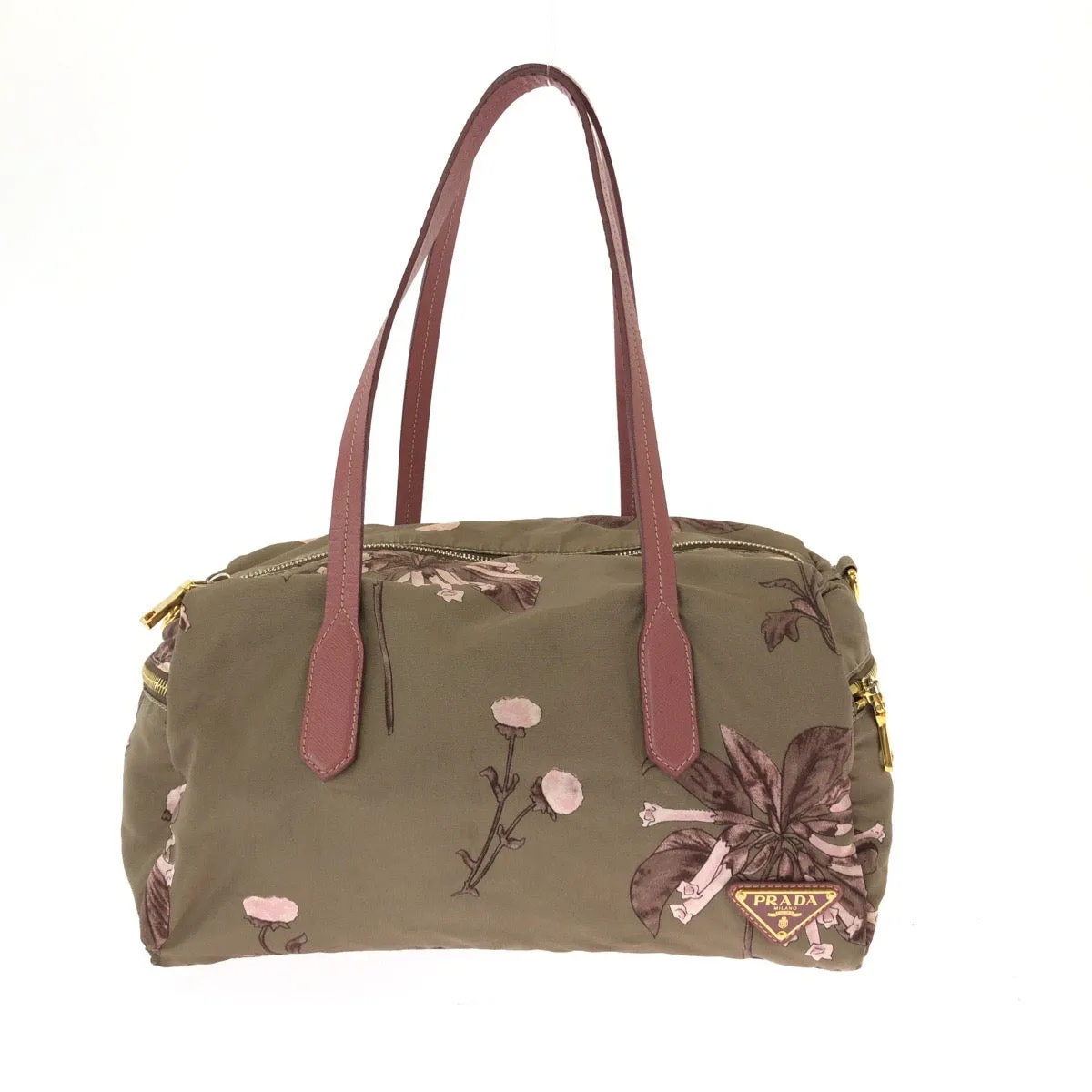 PRADA Shoulder Bag Nylon Beige Pink Gold Metal Handbag Shoulder Bag Mini Boston Duffel bag Test Floral triangleWith logo Women Used