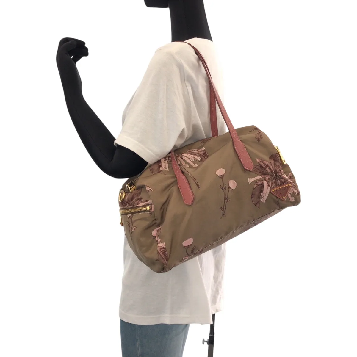 PRADA Shoulder Bag Nylon Beige Pink Gold Metal Handbag Shoulder Bag Mini Boston Duffel bag Test Floral triangleWith logo Women Used