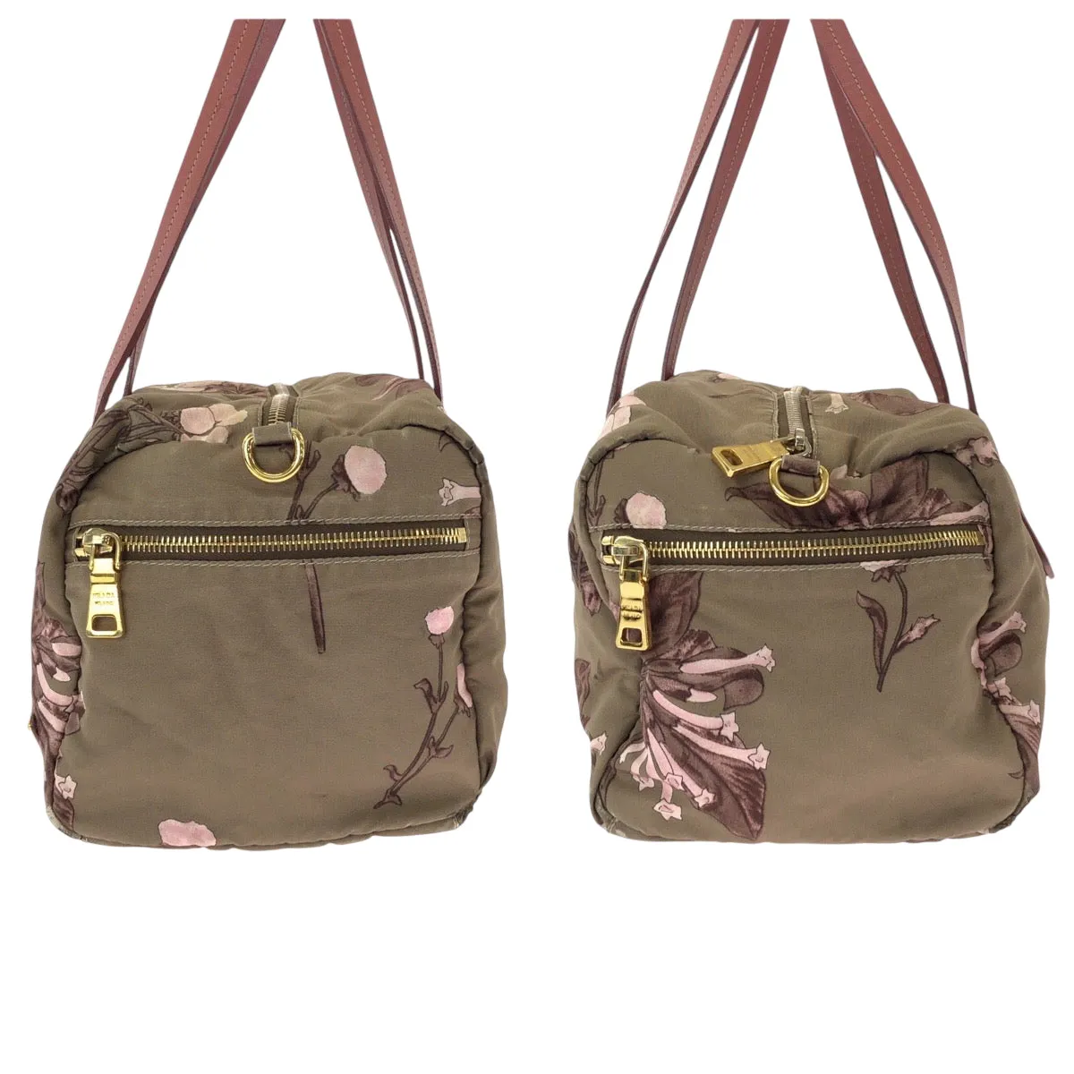 PRADA Shoulder Bag Nylon Beige Pink Gold Metal Handbag Shoulder Bag Mini Boston Duffel bag Test Floral triangleWith logo Women Used