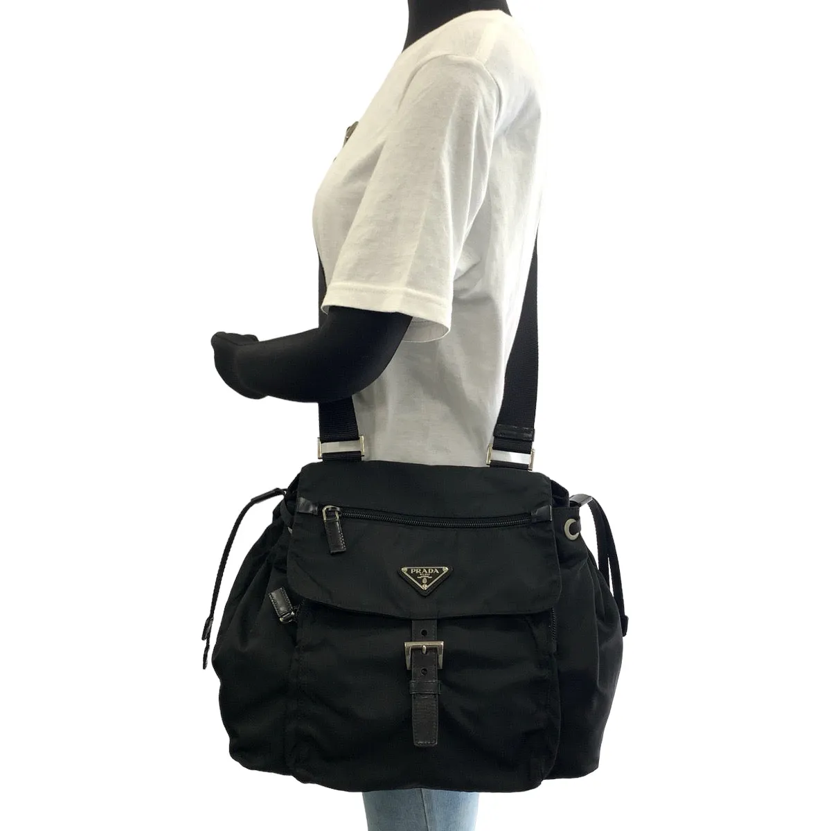 PRADA Shoulder Bag Nylon Black SilverMetal Crossbody Shoulder Bag Pochette Test Triangle With logo Women Used