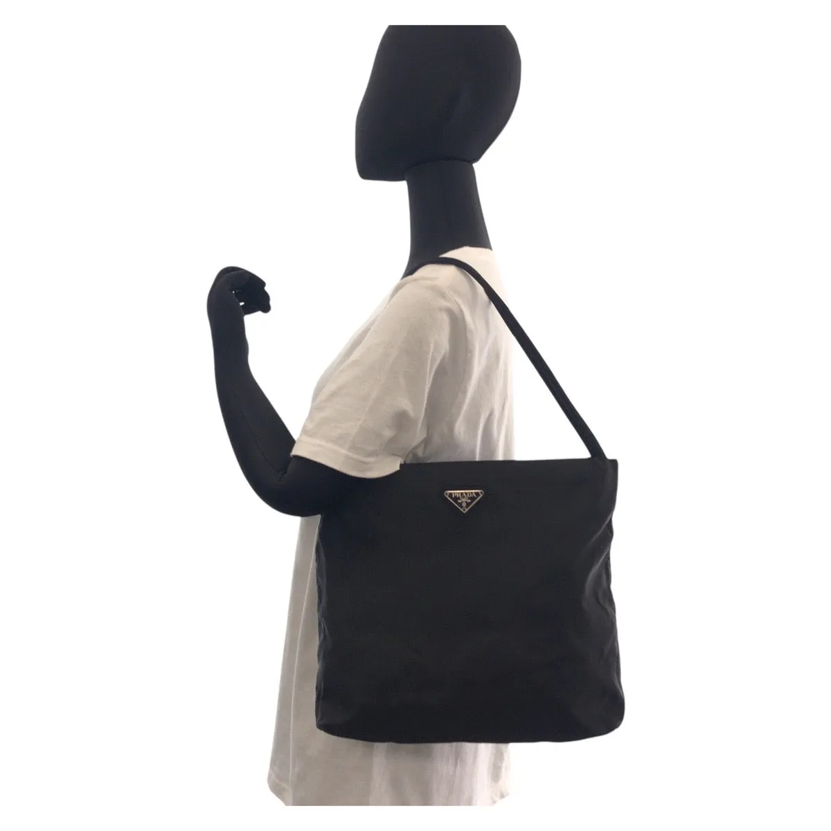 PRADA Tote Bag Nylon Black SilverMetal Tote Bag Shoulder Bag Test Triangle With logo Women Used