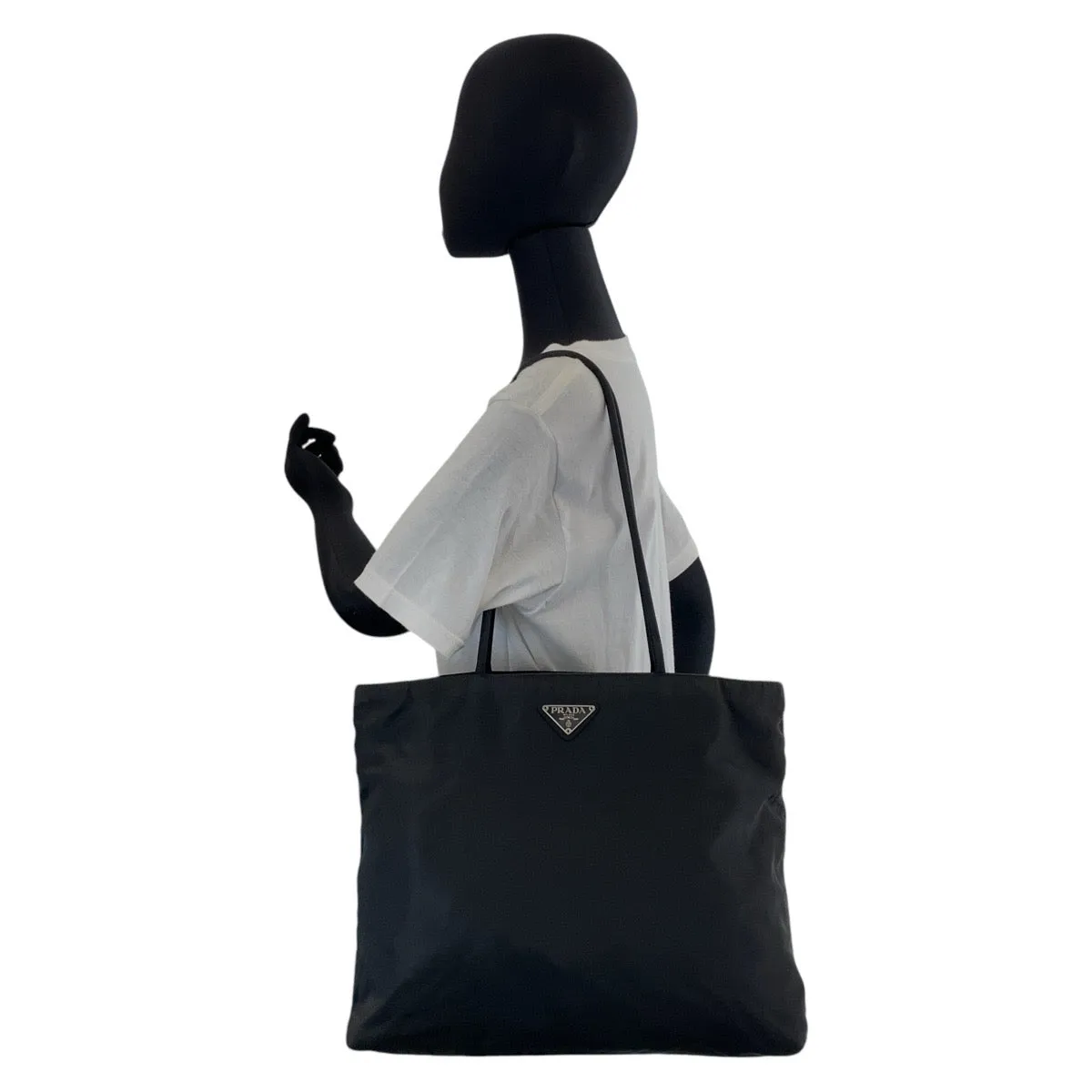PRADA Tote Bag Nylon Black SilverMetal Tote Bag Shoulder Bag Test Triangle With logo Women Used
