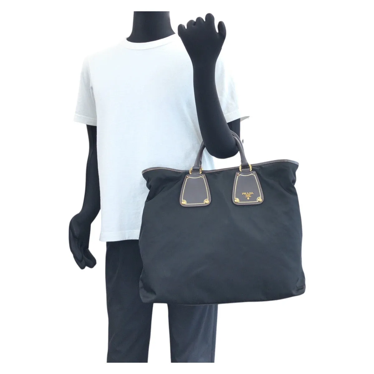 PRADA Tote Bag Nylon, Leather Black Gold Metal Tote Bag Shoulder Bag 2way Testo Saffiano mens Used