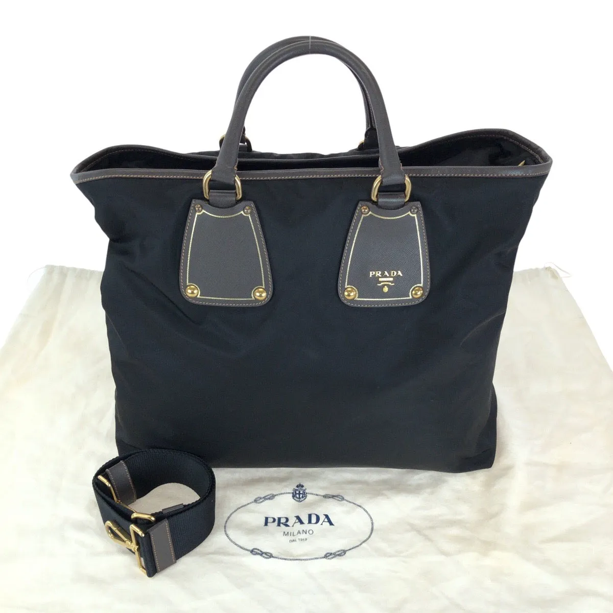 PRADA Tote Bag Nylon, Leather Black Gold Metal Tote Bag Shoulder Bag 2way Testo Saffiano mens Used