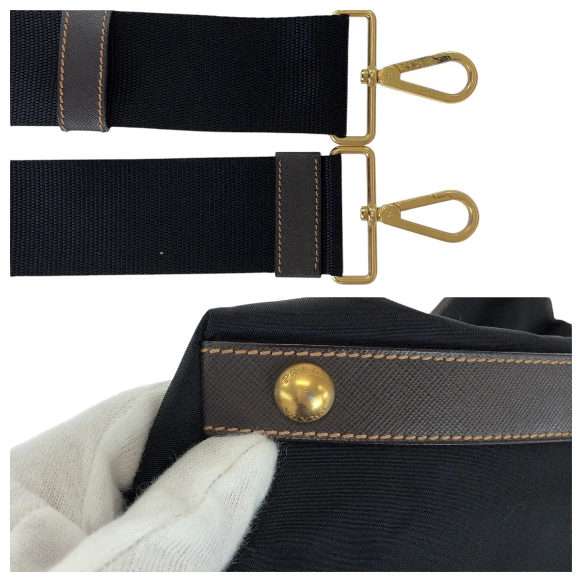 PRADA Tote Bag Nylon, Leather Black Gold Metal Tote Bag Shoulder Bag 2way Testo Saffiano mens Used