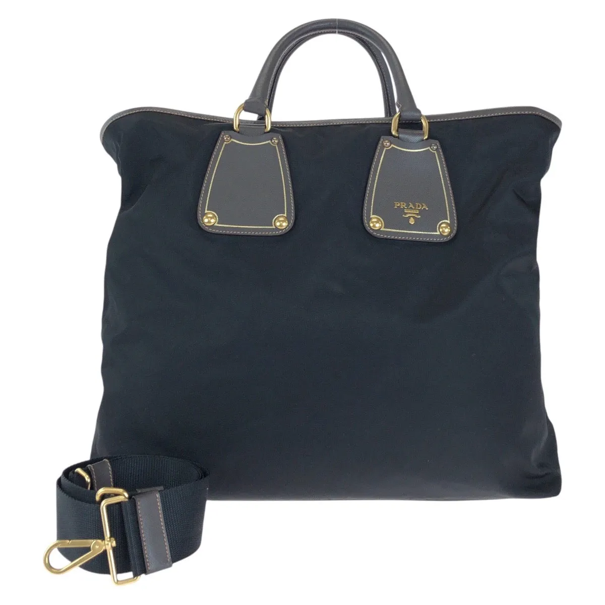 PRADA Tote Bag Nylon, Leather Black Gold Metal Tote Bag Shoulder Bag 2way Testo Saffiano mens Used