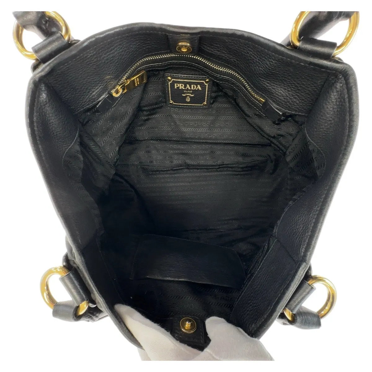 PRADA Tote Bag Nylon, Leather Black GoldMetal Tote Bag Shoulder Bag Handbag Women Used