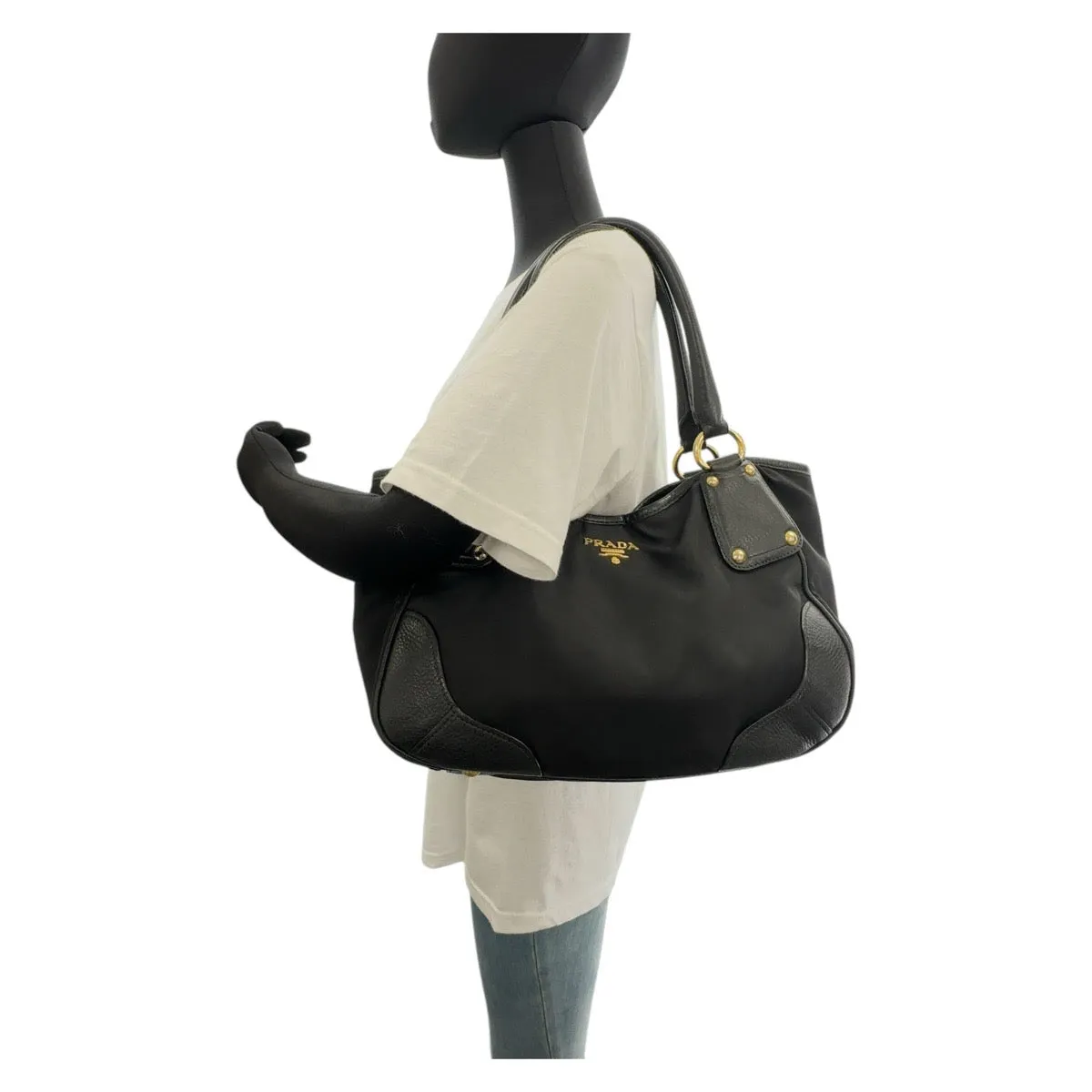PRADA Tote Bag Nylon, Leather Black GoldMetal Tote Bag Shoulder Bag Handbag Women Used