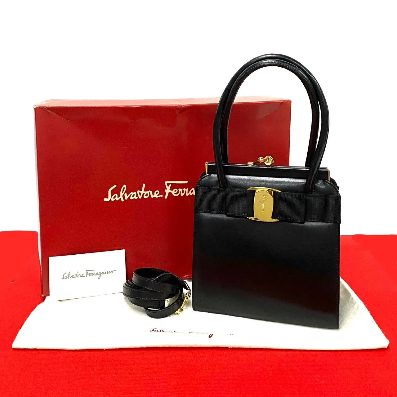 Salvatore Ferragamo Shoulder Bag leather black Vara ribbon Women Used