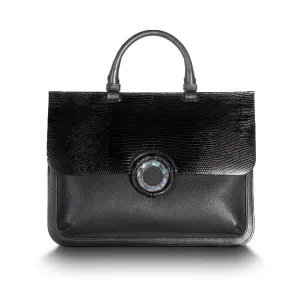 Sydney Convertible Satchel, Black Lizard & Leather, Labradorite Grommet